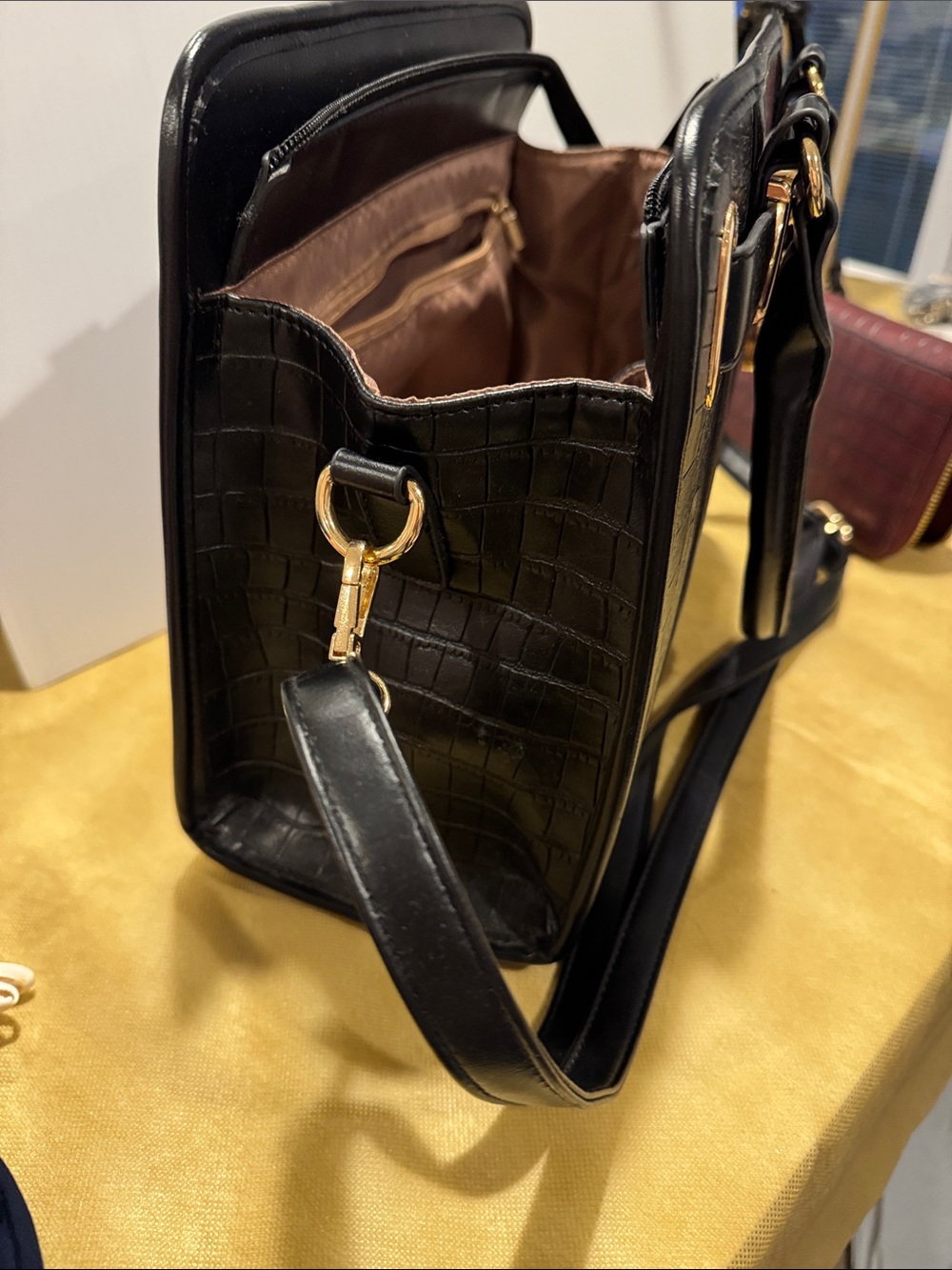 Croc-Embossed Black and Burgundy Satchel with Gold Accent Matching Billfold - Picture 3 of 14